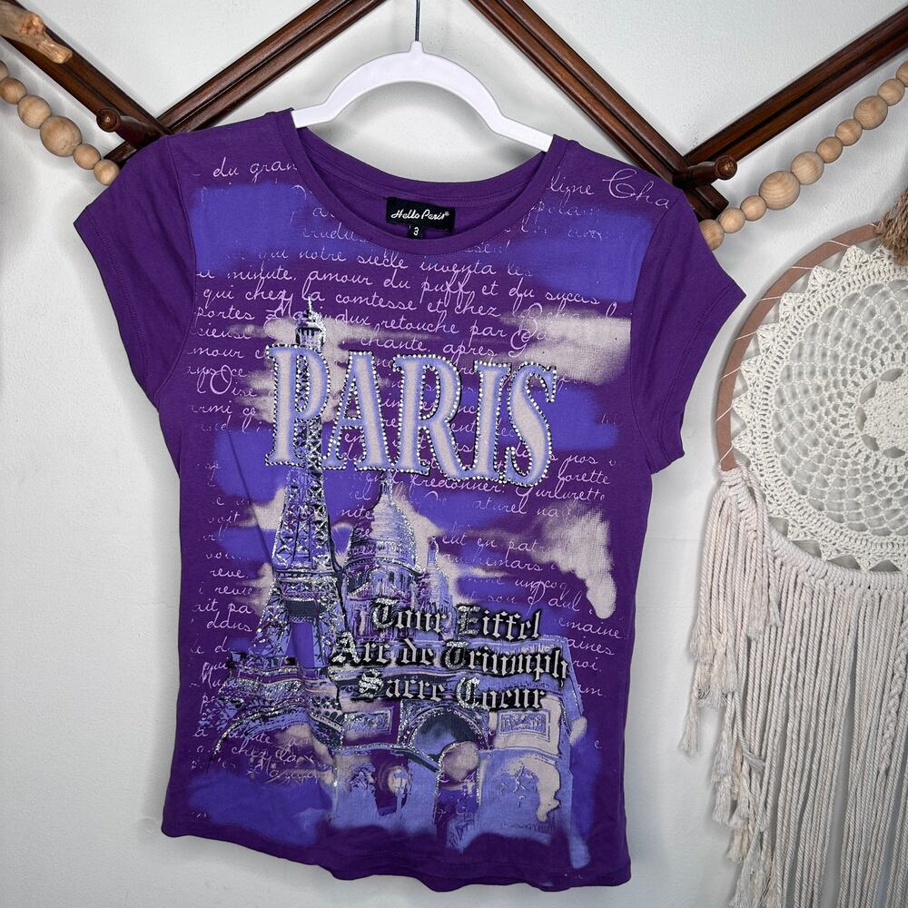 Vintage Y2K Hello Paris Purple Paris Art Deco Graphic Top